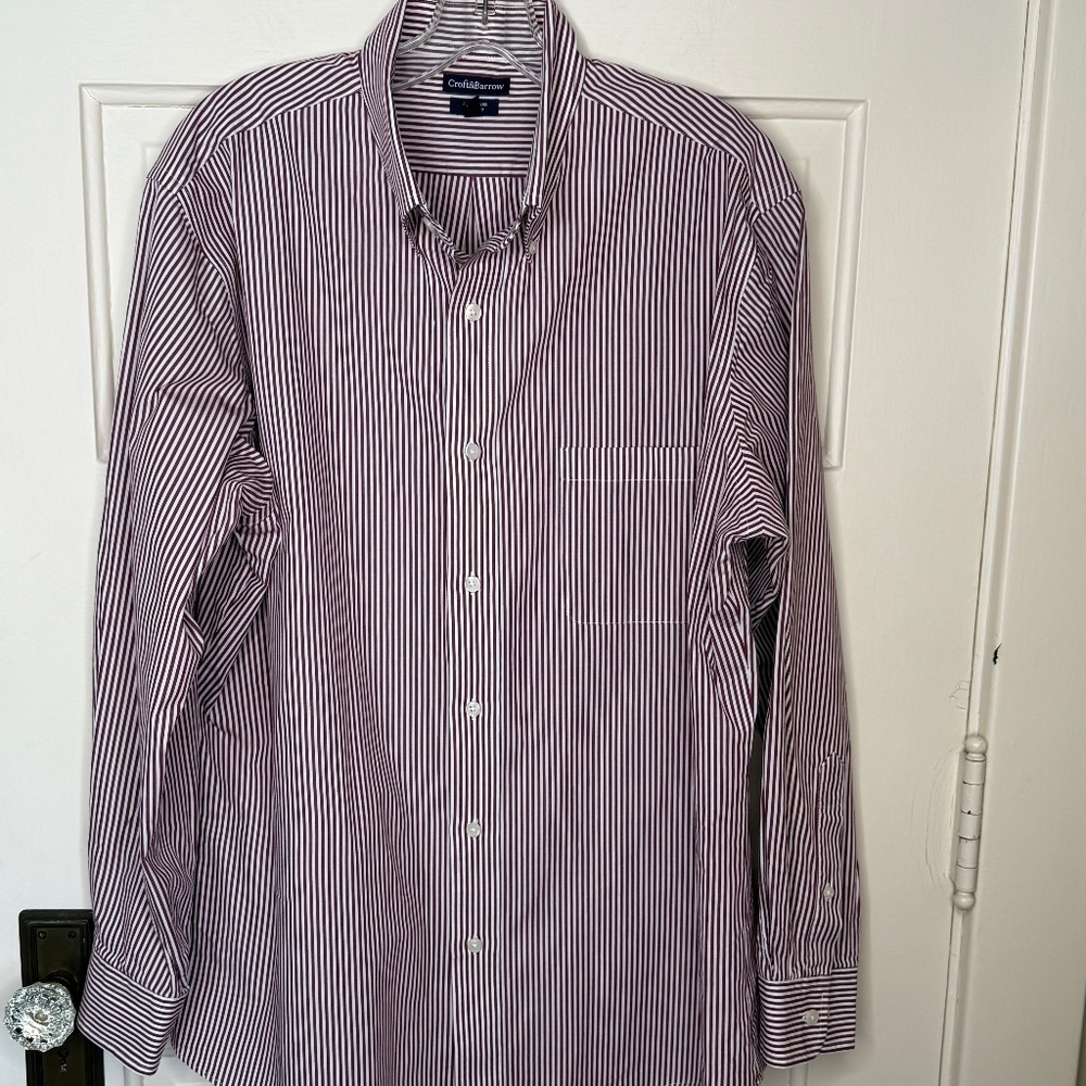 Men's Croft & Barrow Maroon and White Striped Dress Shirt Size 17.5/34/35